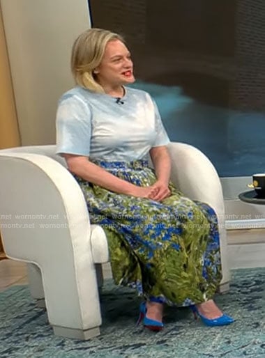 Elisabeth Moss's floral and cloud print dress on CBS Mornings