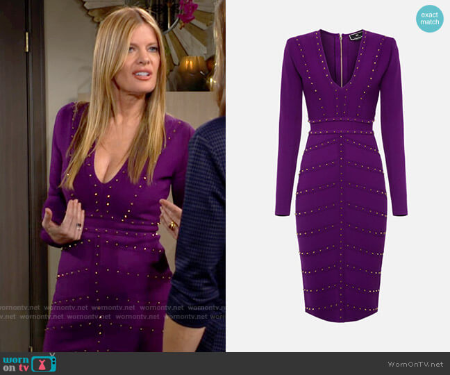 Elisabetta Franchi Knit Sheath Dress with Gold Studs worn by Phyllis Summers (Michelle Stafford) on The Young & the Restless