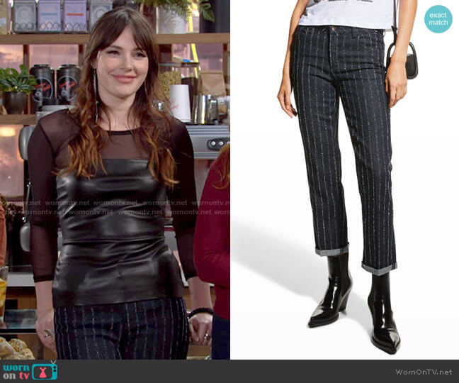 Emporio Armani Textured Pinstripe Jeans worn by Tessa Porter (Cait Fairbanks) on The Young & the Restless
