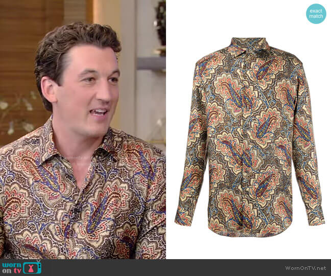 Paisley-Print Shirt by Etro worn by Miles Teller on Live with Kelly and Ryan