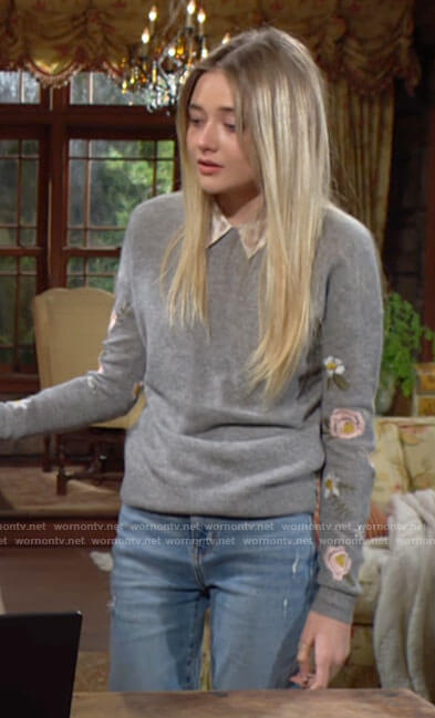 Faith's grey sweater with floral sleeves on The Young and the Restless