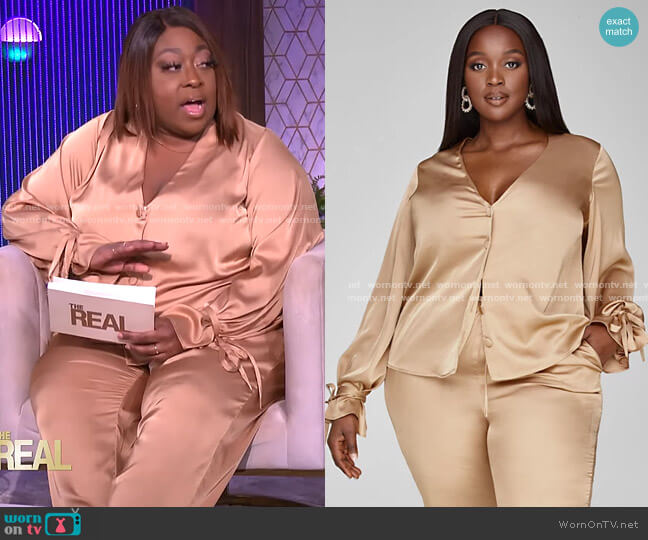 Selena Satin Button Down Blouse and Joggers by Fashion to Figure worn by Loni Love  on The Real