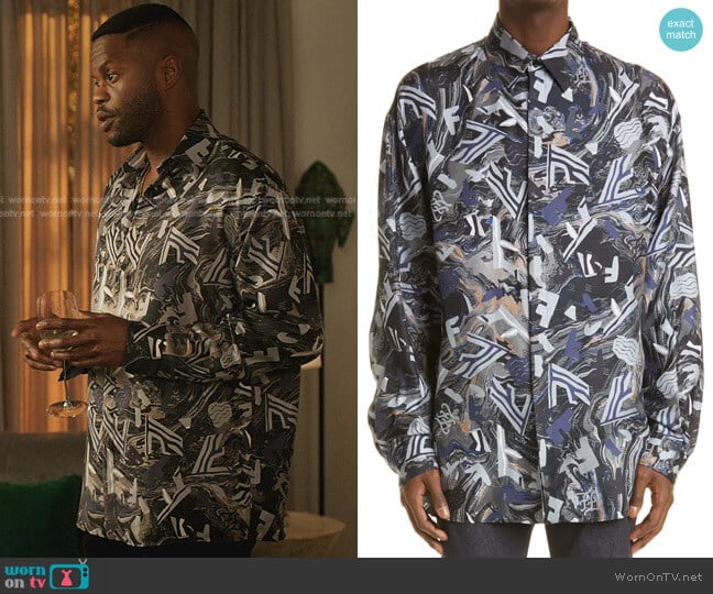 Fragment Print Longline Silk Button-Up Shirt by Fendi worn by Jeff Colby (Sam Adegoke) on Dynasty