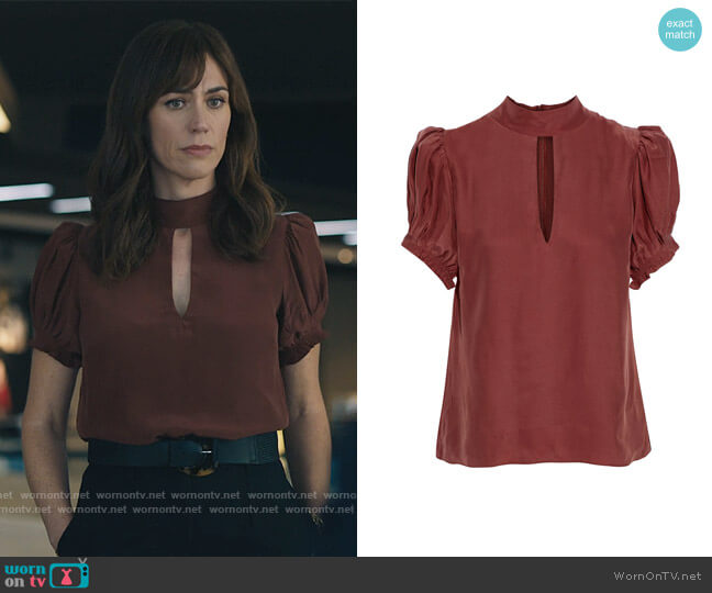 Cutout gathered washed-silk top by Frame worn by Wendy Rhoades (Maggie Siff) on Billions