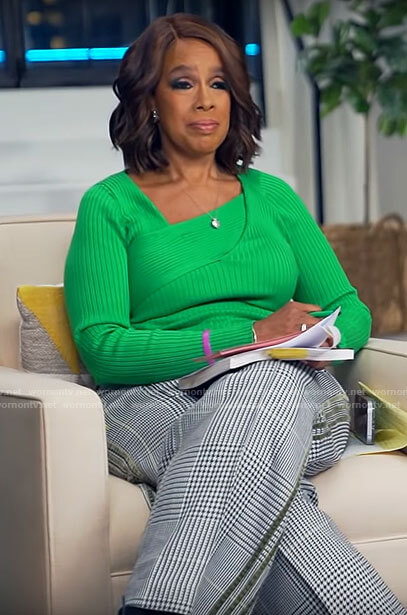 Gayle King’s green asymmetric sweater on CBS Mornings