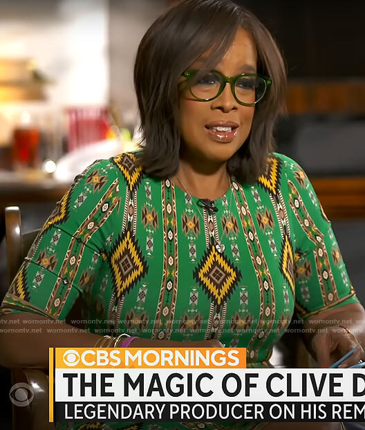 Gayle King’s green printed dress on CBS Mornings