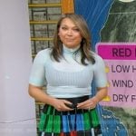 Ginger’s blue crochet knit top and geometric print skirt on Good Morning America