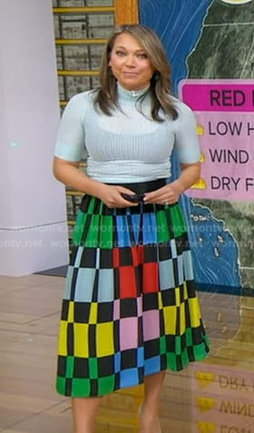 Ginger's blue crochet knit top and geometric print skirt on Good Morning America