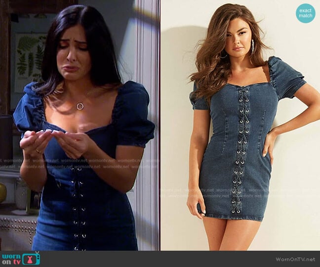 Courtney Lace Up Mini Denim Dress by Guess worn by Gabi Hernandez (Camila Banus) on Days of our Lives