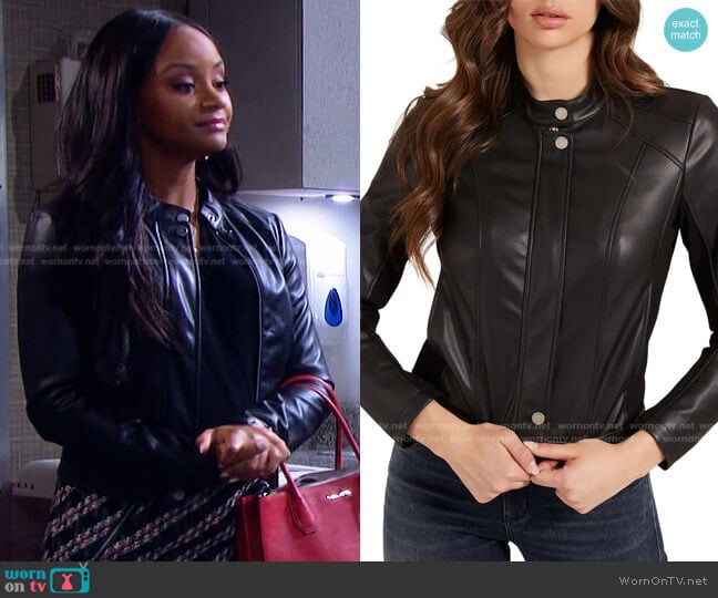 Fiammetta Water Resistant Moto Jacket by Guess worn by Chanel Dupree (Raven Bowens) on Days of our Lives