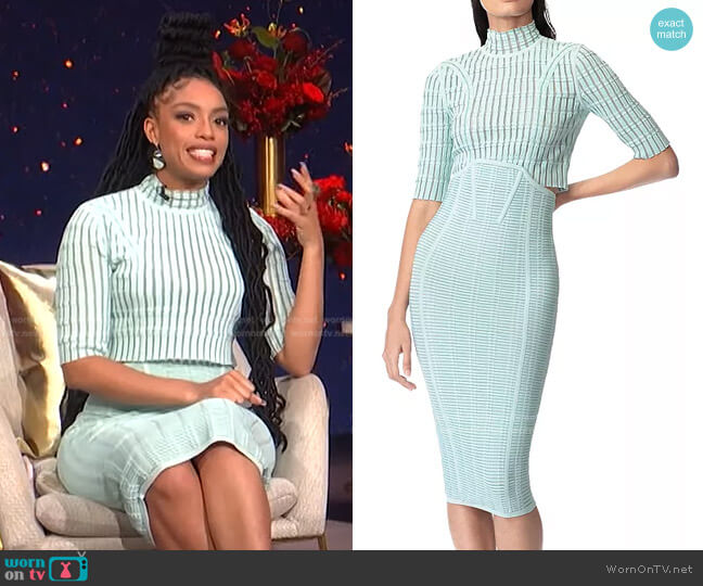 Shadow Stripe Mock Neck Crop Top and Skirt by Herve Leger worn by Francesca Amiker on E! News Post Pop
