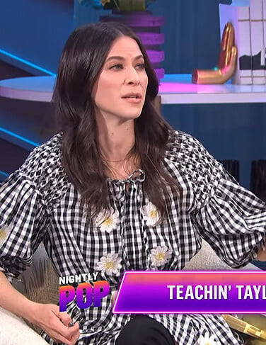 Jackie Tohn’s black gingham check floral dress on E! News Nightly Pop