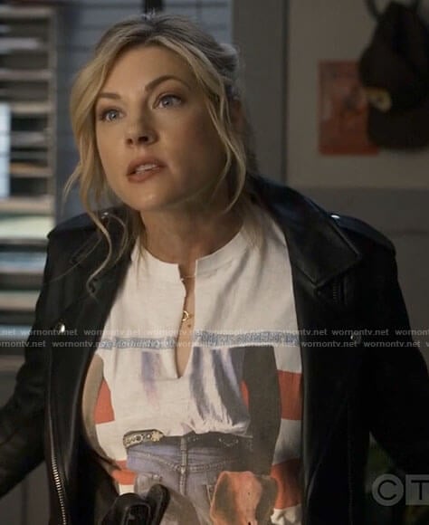Jenny's Bruce Springsteen t-shirt and leather moto jacket on Big Sky