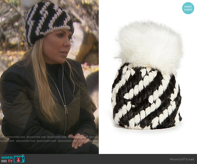 Diagonal Faux Fur Pineapple Hat With Faux Fur Pom by Jocelyn worn by Dr. Jen Armstrong  on The Real Housewives of Orange County