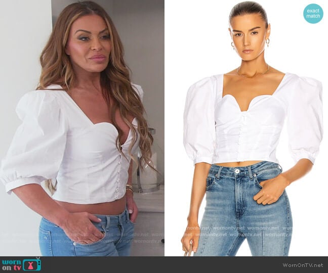 Thea Smocked Puff Sleeve Top by Jonathan Simkhai worn by Dolores Catania on The Real Housewives of New Jersey