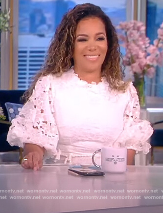 Sunny’s white embroidered puff sleeve dress on The View