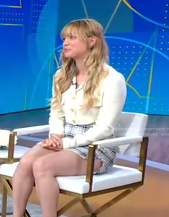 Kaley Cuoco’s white cropped jacket and plaid dress on Good Morning America
