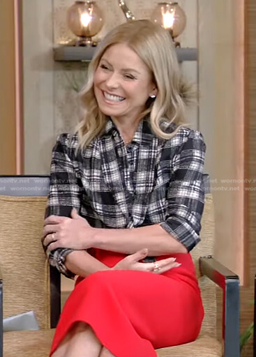 Kelly’s black plaid tie neck blouse and red skirt on Live with Kelly and Ryan