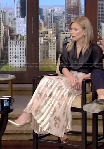 Kelly’s black top and metallic floral skirt on Live with Kelly and Ryan