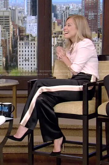 Kelly's pink button up blouse and side stripe pants on Live with Kelly and Ryan