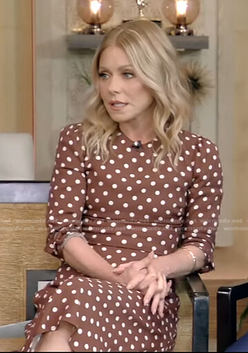 Kelly's brown polka dot dress on Live with Kelly and Ryan