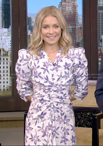 Kelly's white floral ruched midi dress on Live with Kelly and Ryan