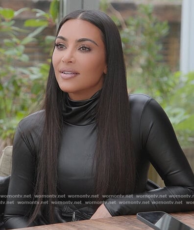 Kim's black leather turtleneck top on The Kardashians