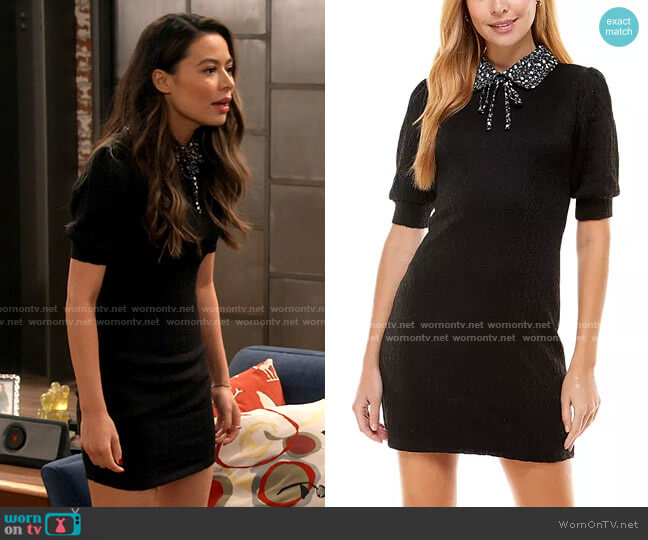 Kingston Grey Printed-Collar Cable-Knit Sweater Dress worn by Carly Shay (Miranda Cosgrove) on iCarly