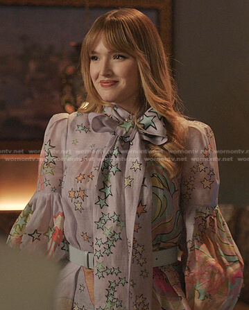 Kirby’s lilac star print tie neck blouse on Dynasty