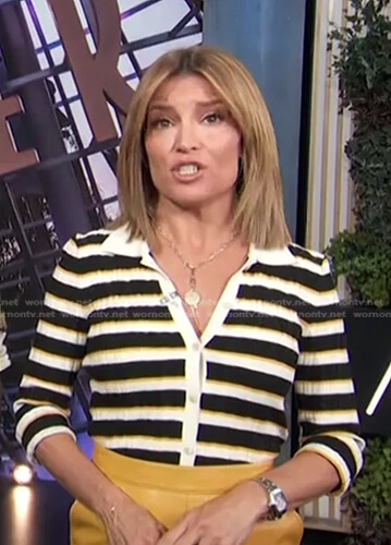 Kit’s black, white and yellow stripe cardigan on Access Hollywood