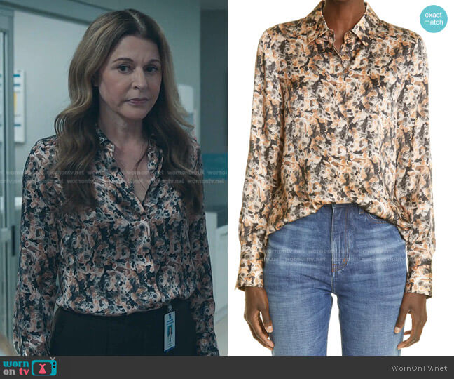 Scottie Solaria Print Silk Blouse by Lafayette 148 New York worn by Kit Voss (Jane Leeves) on The Resident