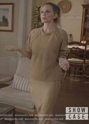 Laura's beige weave knit trim sweater and skirt on All American
