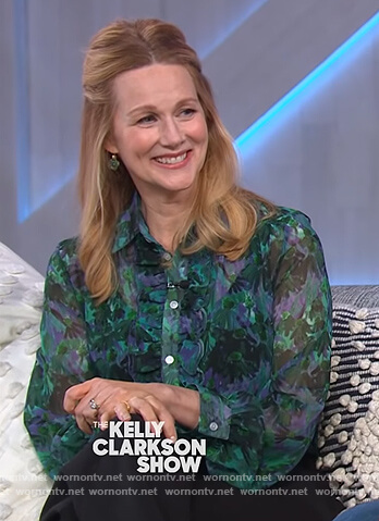 Laura Linney’s floral ruffle front blouse on The Kelly Clarkson Show