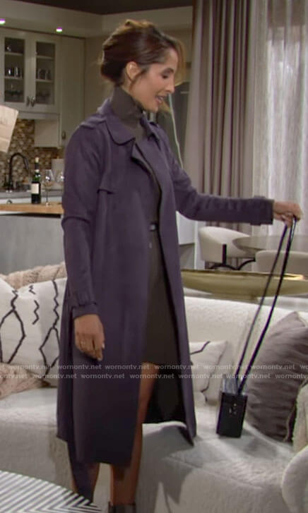 Lily’s navy suede trench coat on The Young and the Restless