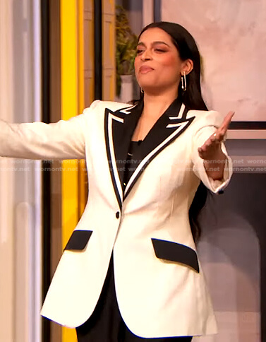 Lilly Singh’s white contrast lapel blazer on The Drew Barrymore Show
