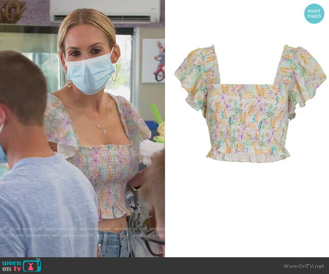 Floral Chiffon Smocked Crop Top by Love Shack Fancy worn by Jackie Goldschneider on The Real Housewives of New Jersey