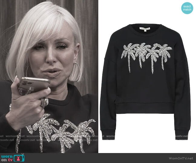 Palm Embellished Sweatshirt by Maje worn by Margaret Josephs on The Real Housewives of New Jersey