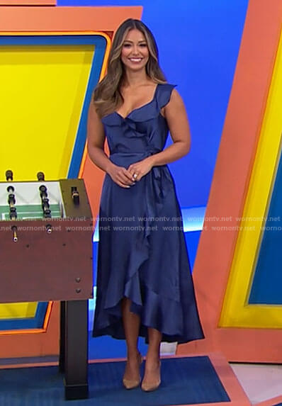 Manuela’s blue ruffled midi wrap dress on The Price is Right