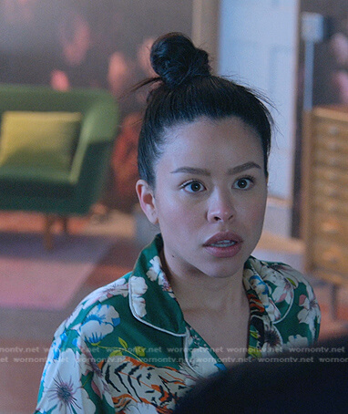 Mariana's green tiger and floral print pajamas on Good Trouble
