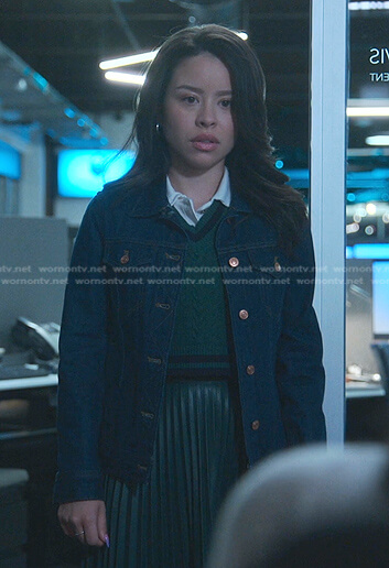 Mariana’s green vest and pleated skirt on Good Trouble
