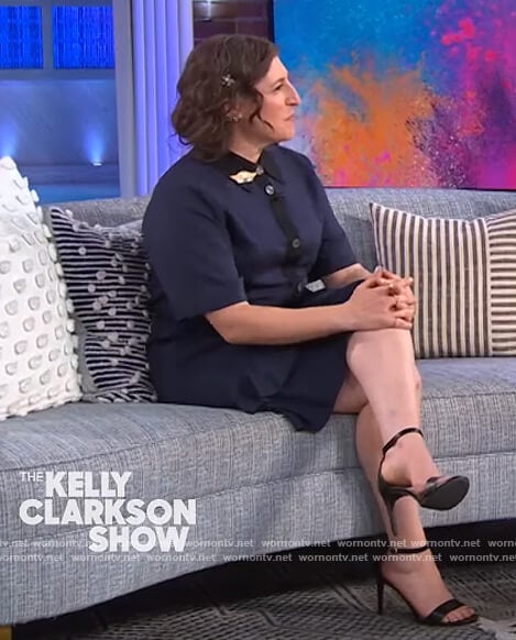 Mayim Bialik's navy stripe contrast dress on The Kelly Clarkson Show