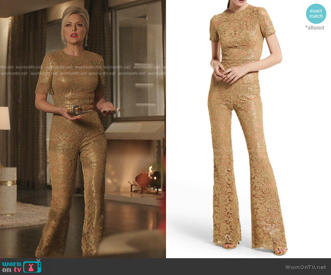 Metallic Lace Flare-Leg Jumpsuit by Michael Kors worn by Alexis Carrington (Elaine Hendrix) on Dynasty