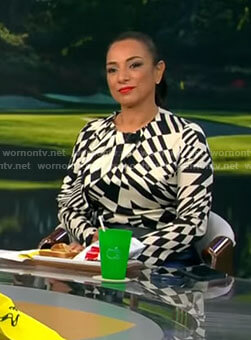 Michelle Miller’s black and white abstract blouse on CBS Saturday Morning