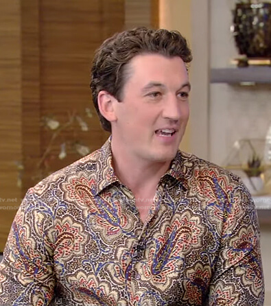 Miles Teller’s paisley print shirt on Live with Kelly and Ryan