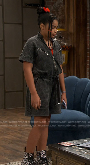 Millicent’s black denim romper and floral boots on iCarly