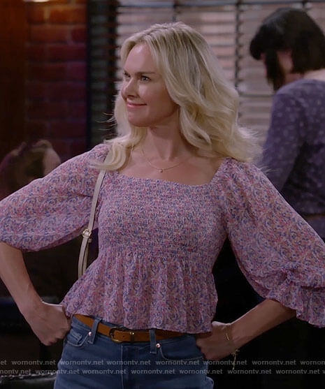 Nicole's pink floral smocked top on Call Me Kat