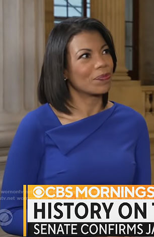 Nikole Killion’s blue folded neckline dress on CBS Mornings