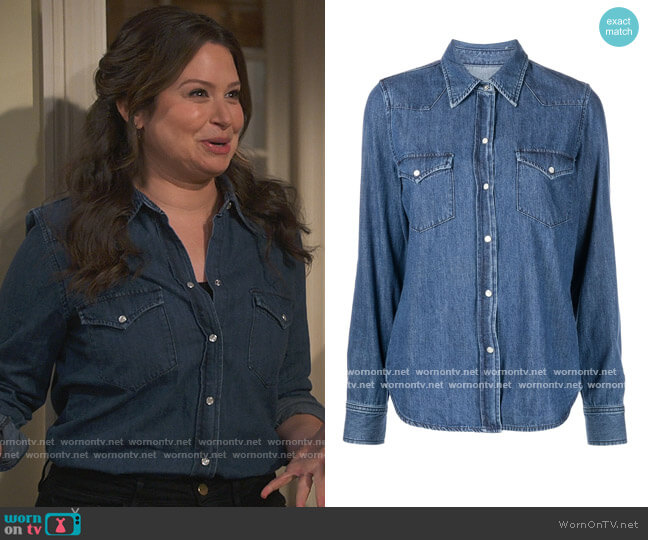 Martine denim shirt by Nili Lotan worn by Jen (Katie Lowes) on How We Roll