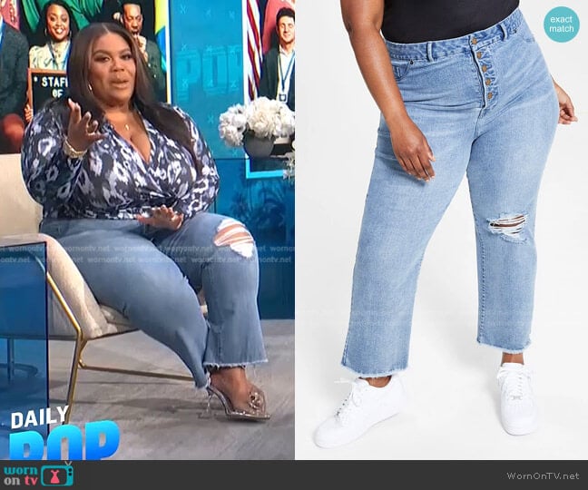 Trendy Plus Size Button-Fly Distressed Boyfriend Jeans by Nina Parker worn by Nina Parker on E! News