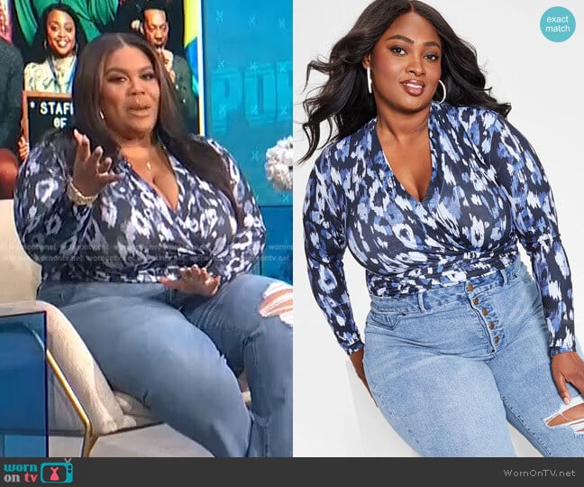 Trendy Plus Size Printed Faux-Wrap Bodysuit by Nina Parker worn by Nina Parker on E! News